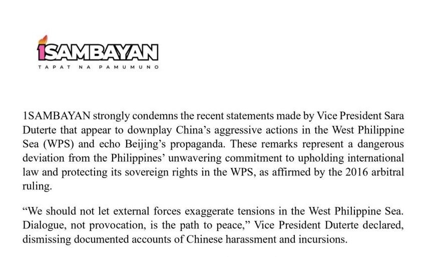 1SAMBAYAN Calls for Principled Foreign Policy, Condemns VP Duterte’s WPS Statements