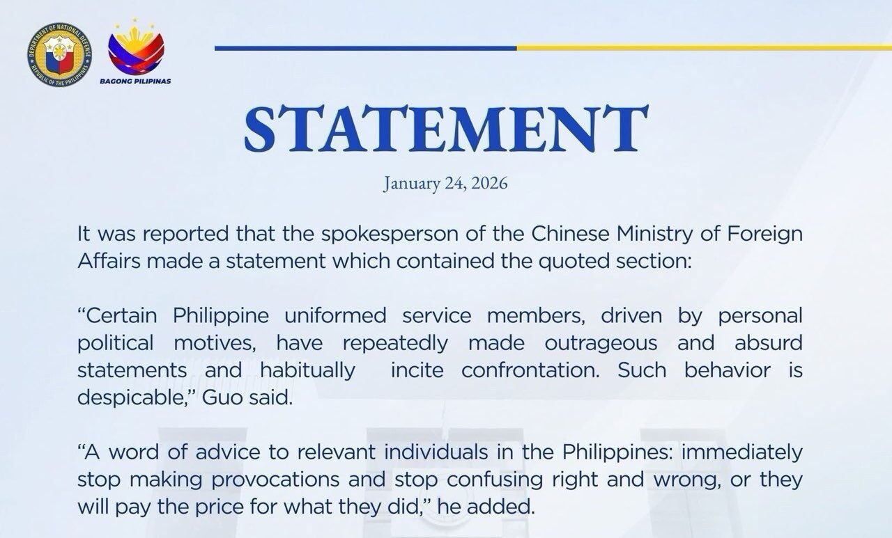 Statement from the Department of National Defense on China’s Escalatory Rhetoric (24 January 2026)