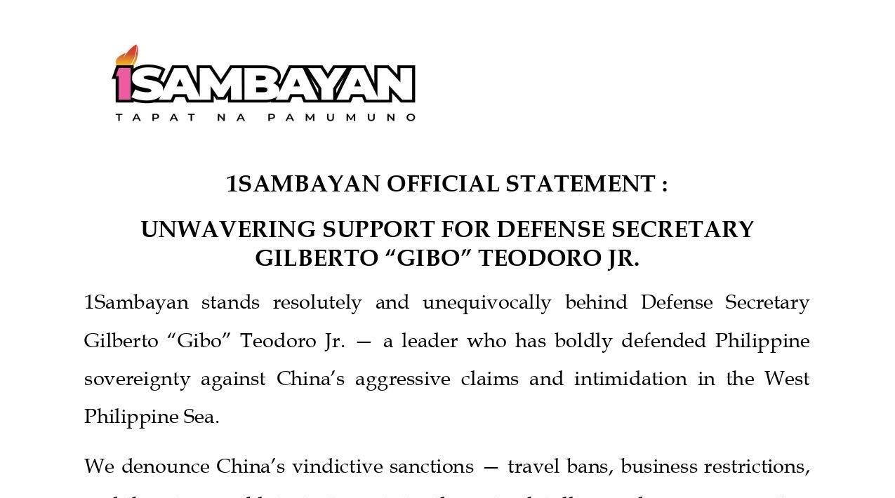 1Sambayan Backs Defense Secretary Teodoro Amid China Sanctions, Reaffirms Support for Philippine Sovereignty