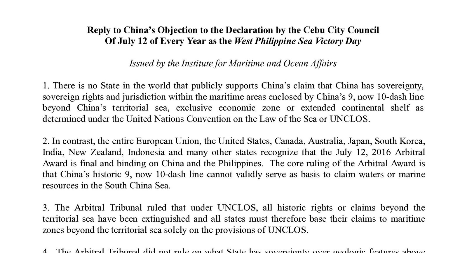Reply to China’s Objection to the Declaration by the Cebu City Council Of July 12 of Every Year as the West Philippine Sea Victory Day